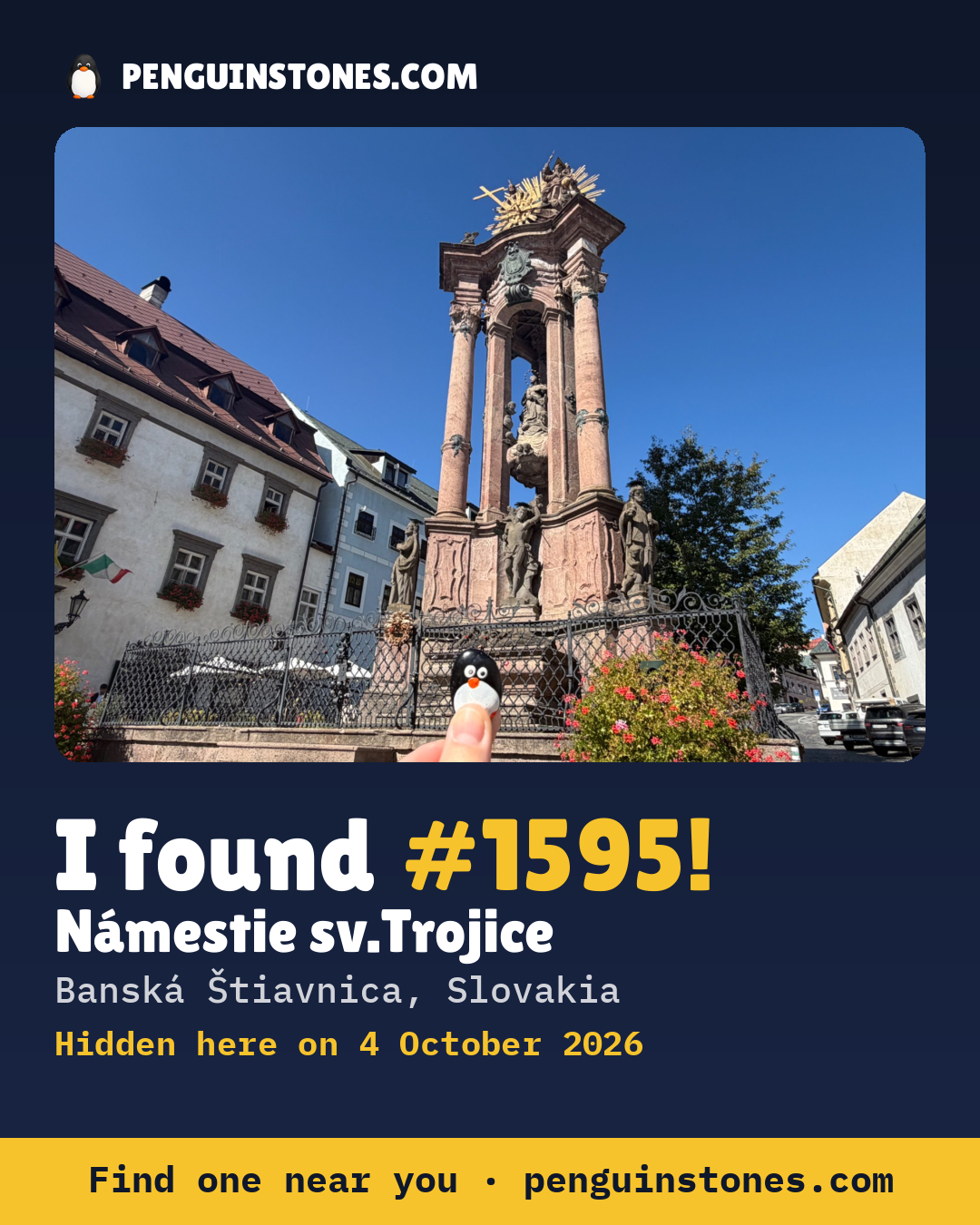 An “I found #1595” picture: the stone’s photo, where it is and how far it has travelled