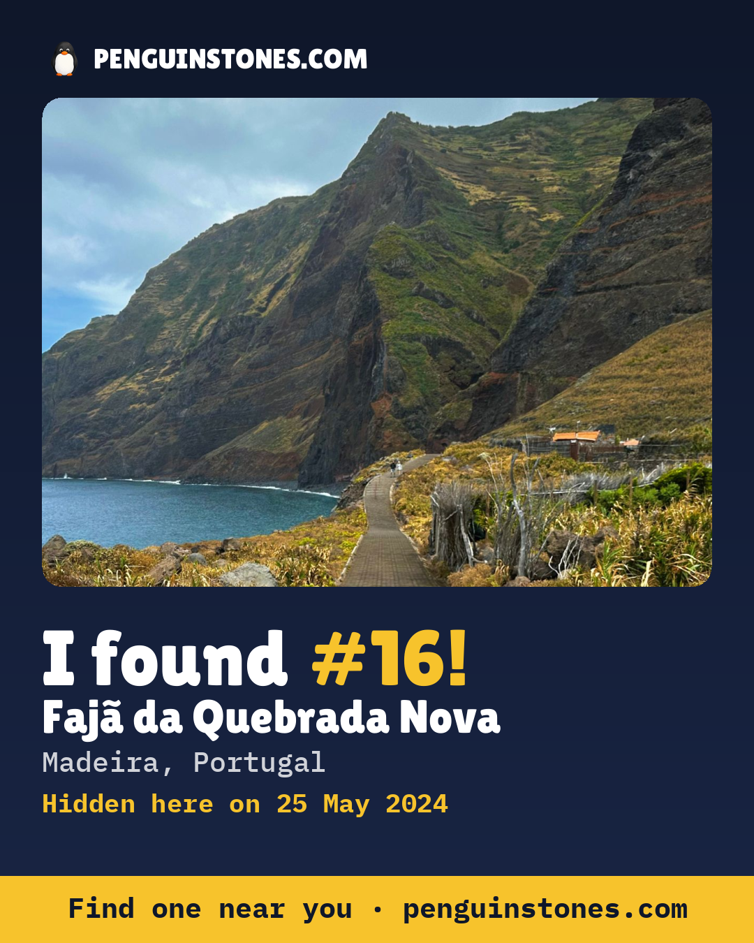 Obrázok s nápisom „I found #16“: fotka kameňa, kde je a ako ďaleko docestoval