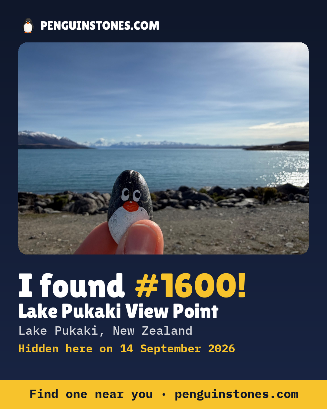 Obrázok s nápisom „I found #1600“: fotka kameňa, kde je a ako ďaleko docestoval