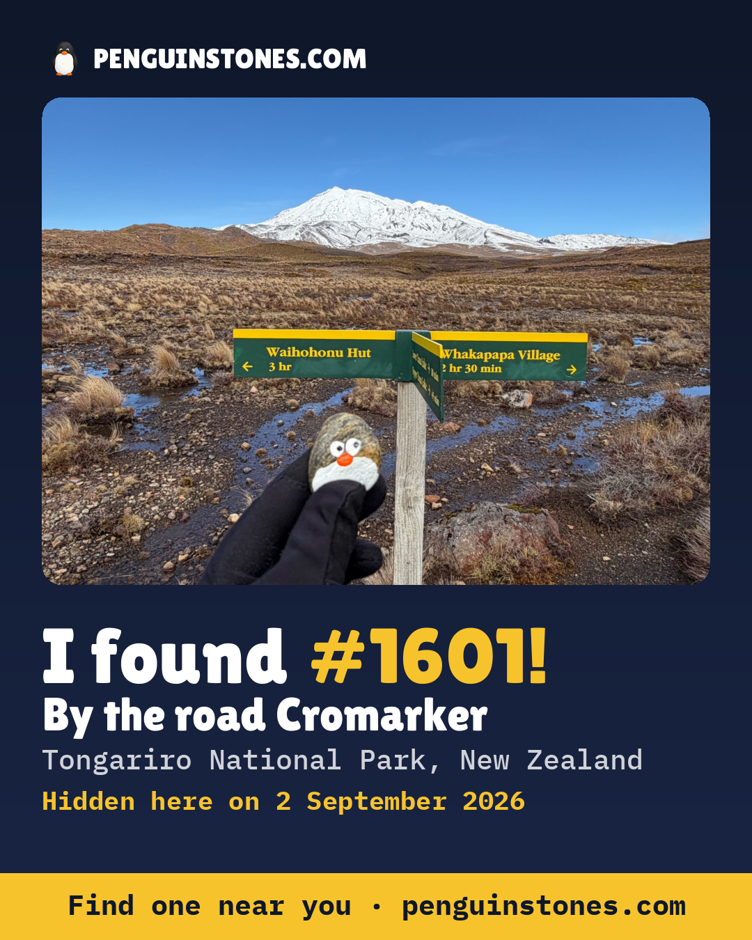 Obrázok s nápisom „I found #1601“: fotka kameňa, kde je a ako ďaleko docestoval