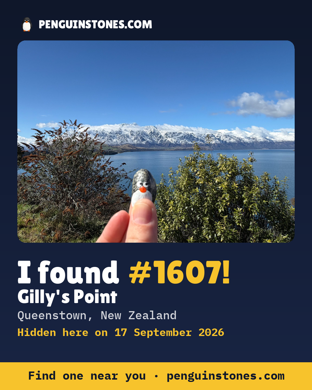 Obrázok s nápisom „I found #1607“: fotka kameňa, kde je a ako ďaleko docestoval