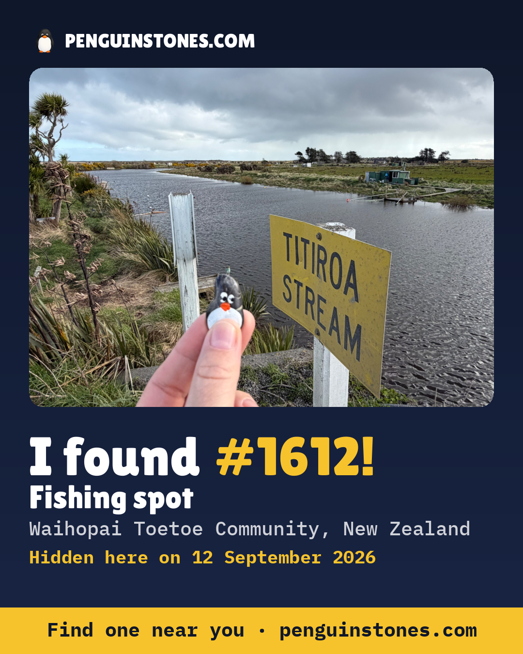 Obrázok s nápisom „I found #1612“: fotka kameňa, kde je a ako ďaleko docestoval