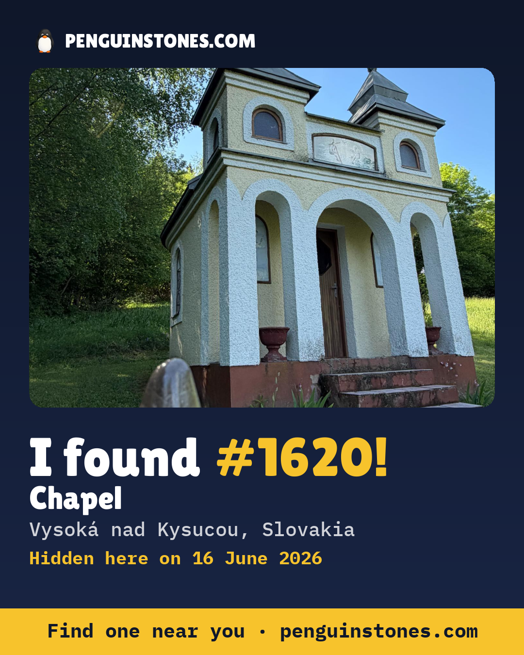Obrázok s nápisom „I found #1620“: fotka kameňa, kde je a ako ďaleko docestoval