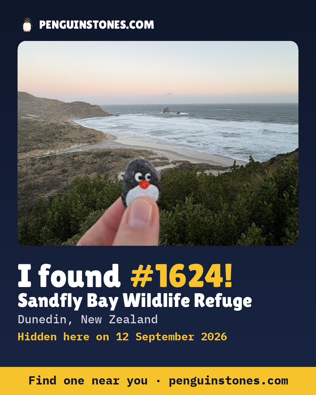 Obrázok s nápisom „I found #1624“: fotka kameňa, kde je a ako ďaleko docestoval