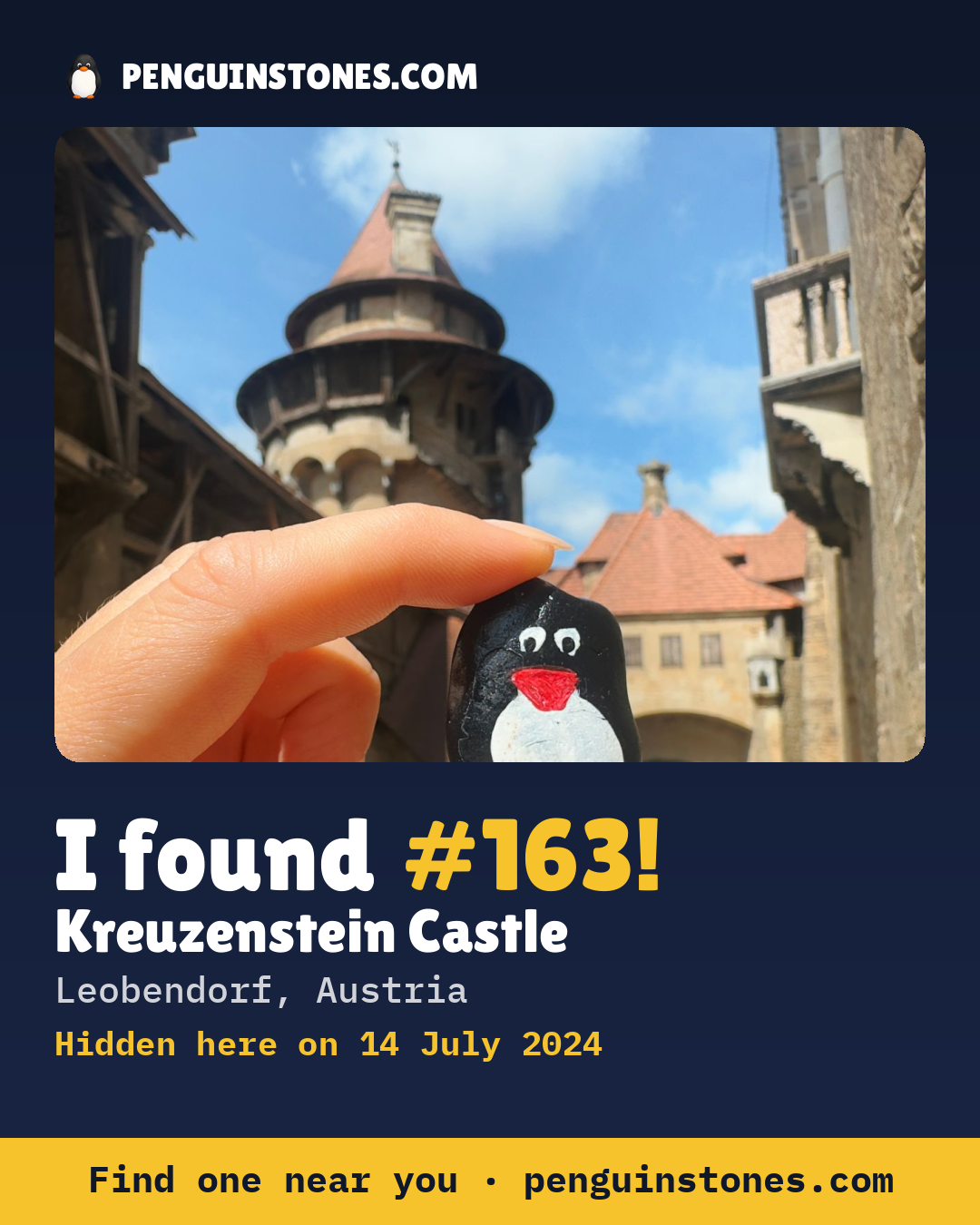 Obrázok s nápisom „I found #163“: fotka kameňa, kde je a ako ďaleko docestoval