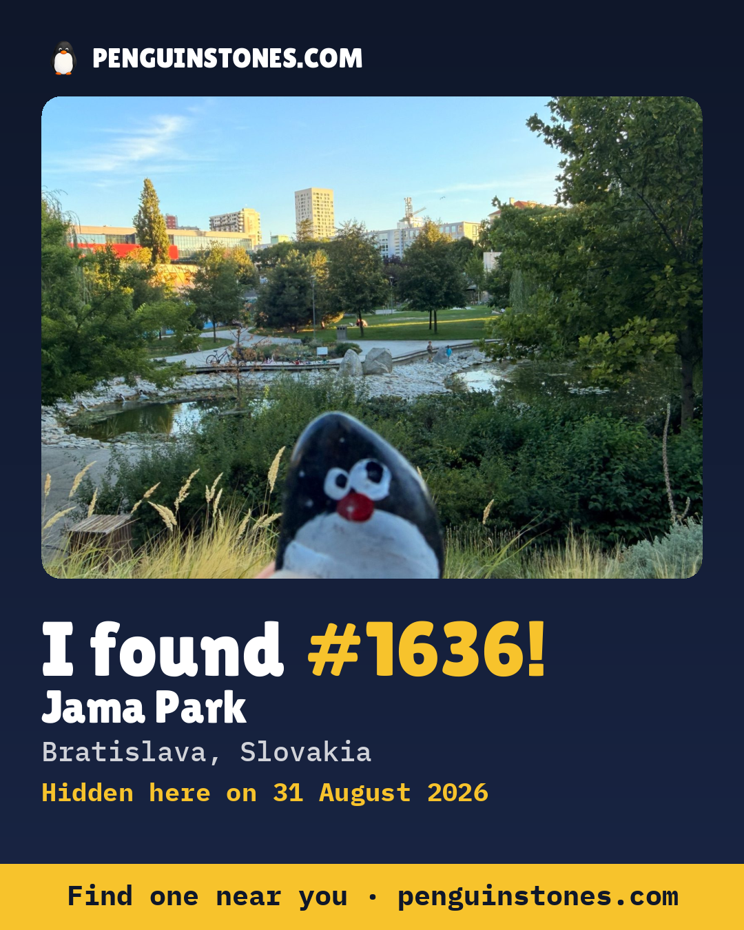 Obrázok s nápisom „I found #1636“: fotka kameňa, kde je a ako ďaleko docestoval