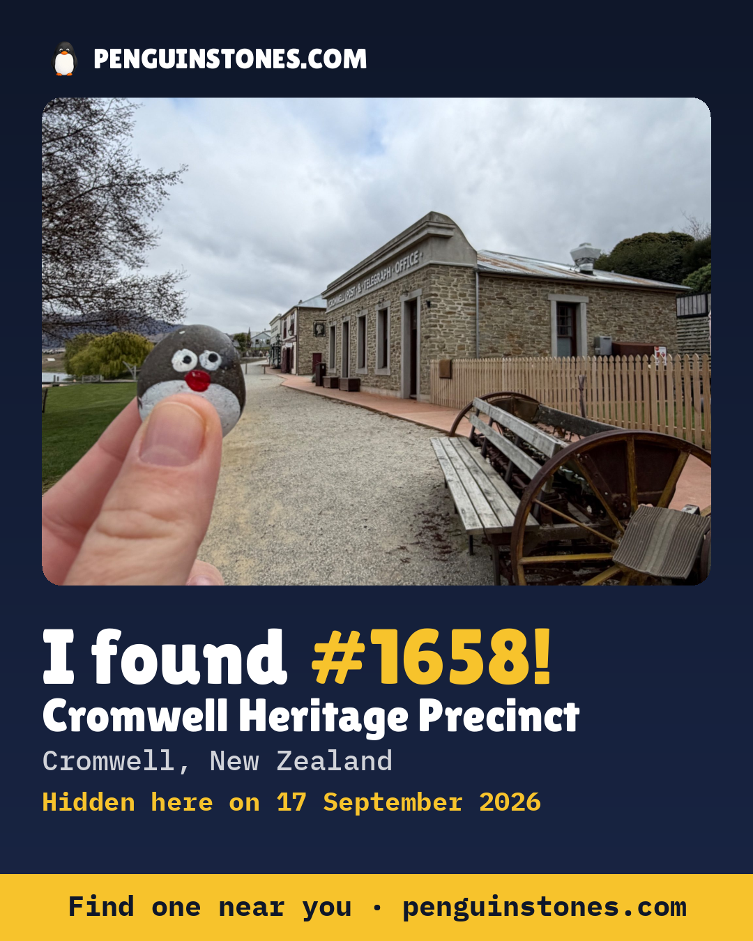 Obrázok s nápisom „I found #1658“: fotka kameňa, kde je a ako ďaleko docestoval