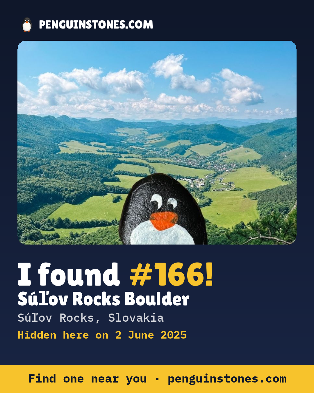 Obrázok s nápisom „I found #166“: fotka kameňa, kde je a ako ďaleko docestoval