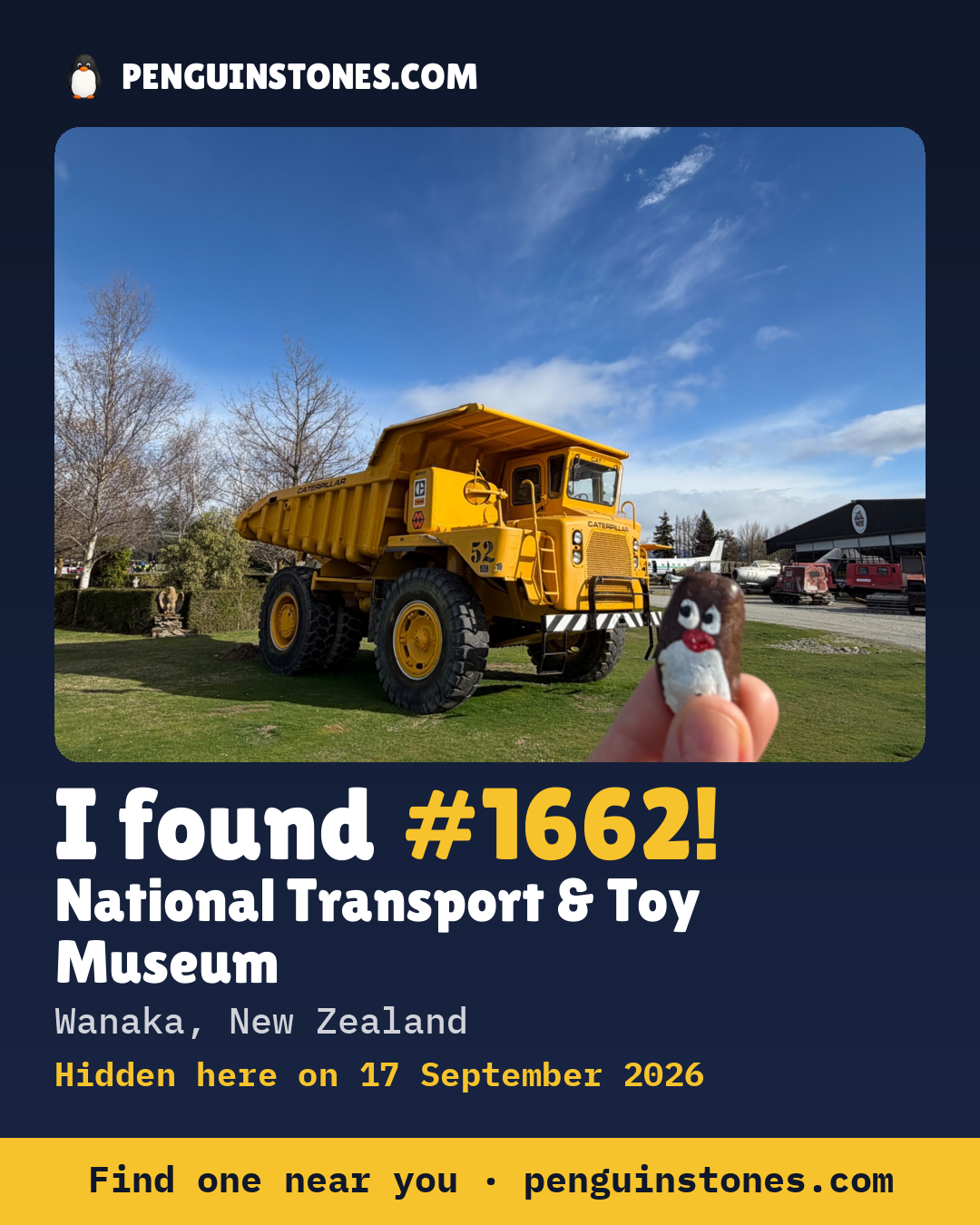 Obrázok s nápisom „I found #1662“: fotka kameňa, kde je a ako ďaleko docestoval