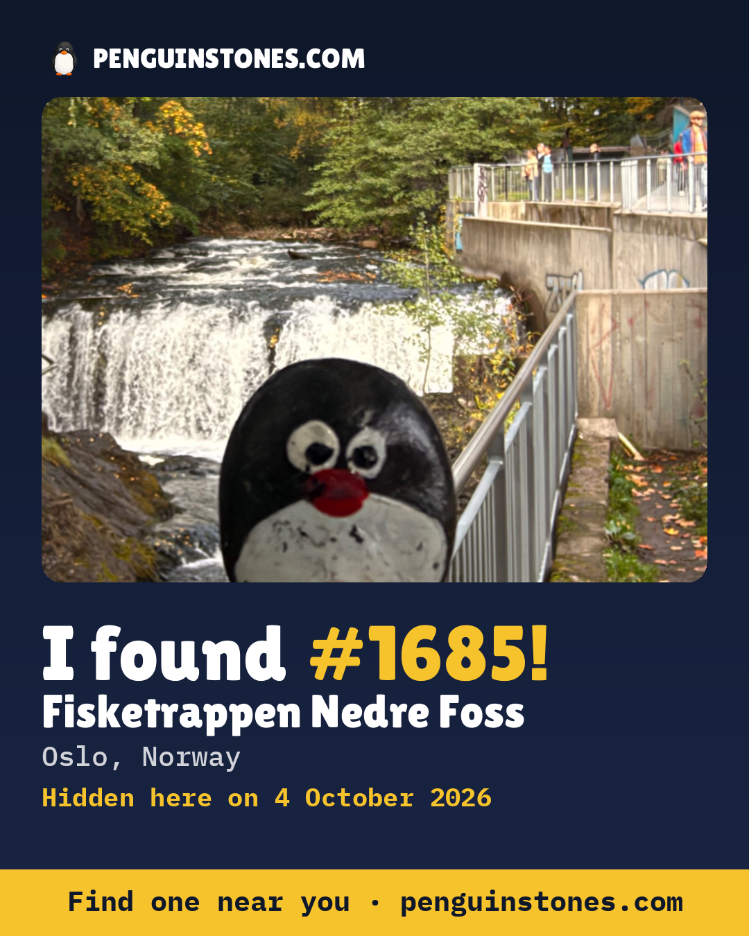 An “I found #1685” picture: the stone’s photo, where it is and how far it has travelled