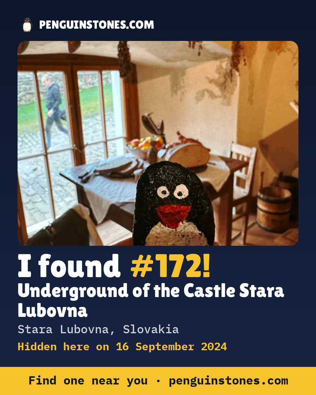 Obrázok s nápisom „I found #172“: fotka kameňa, kde je a ako ďaleko docestoval
