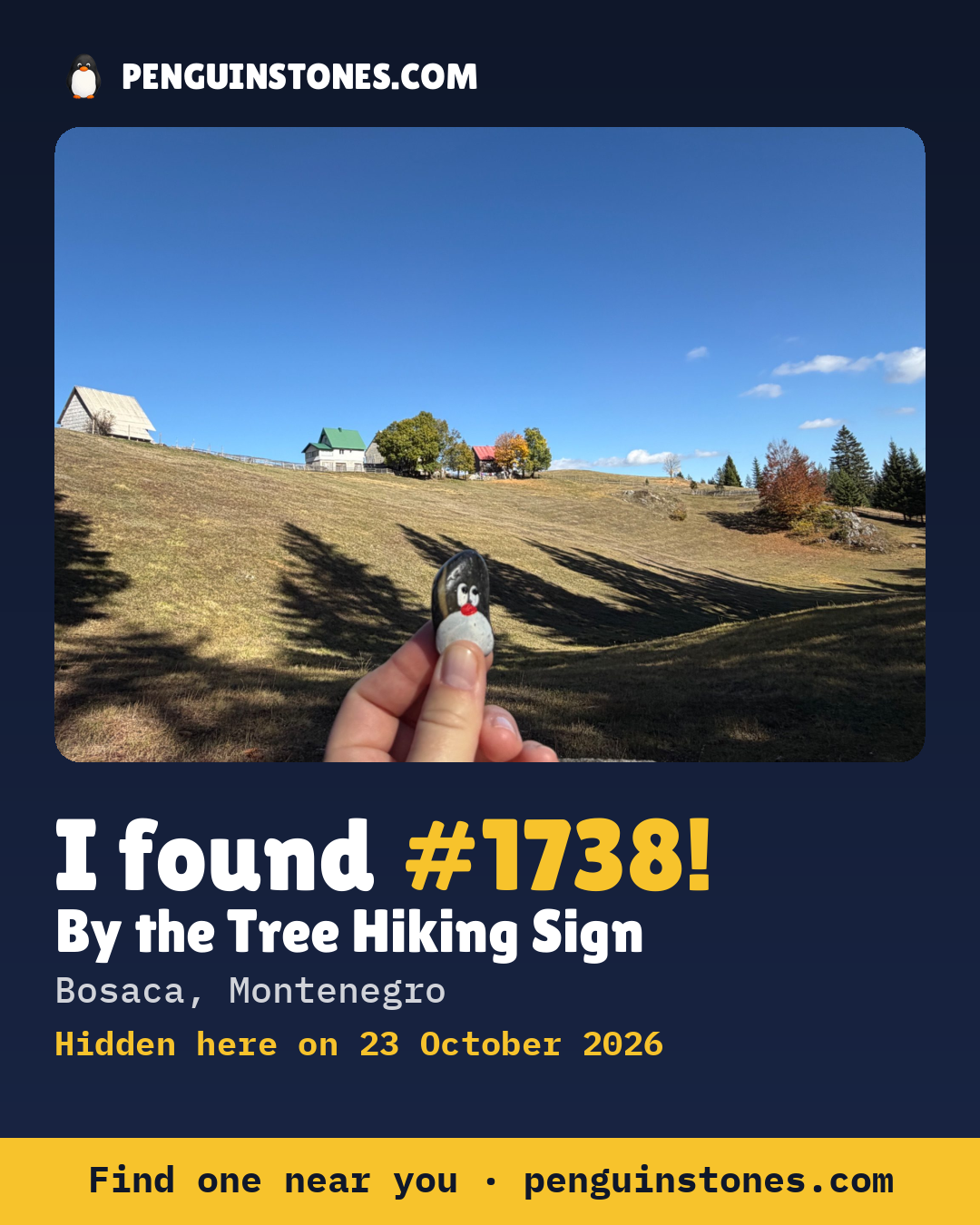 An “I found #1738” picture: the stone’s photo, where it is and how far it has traveled