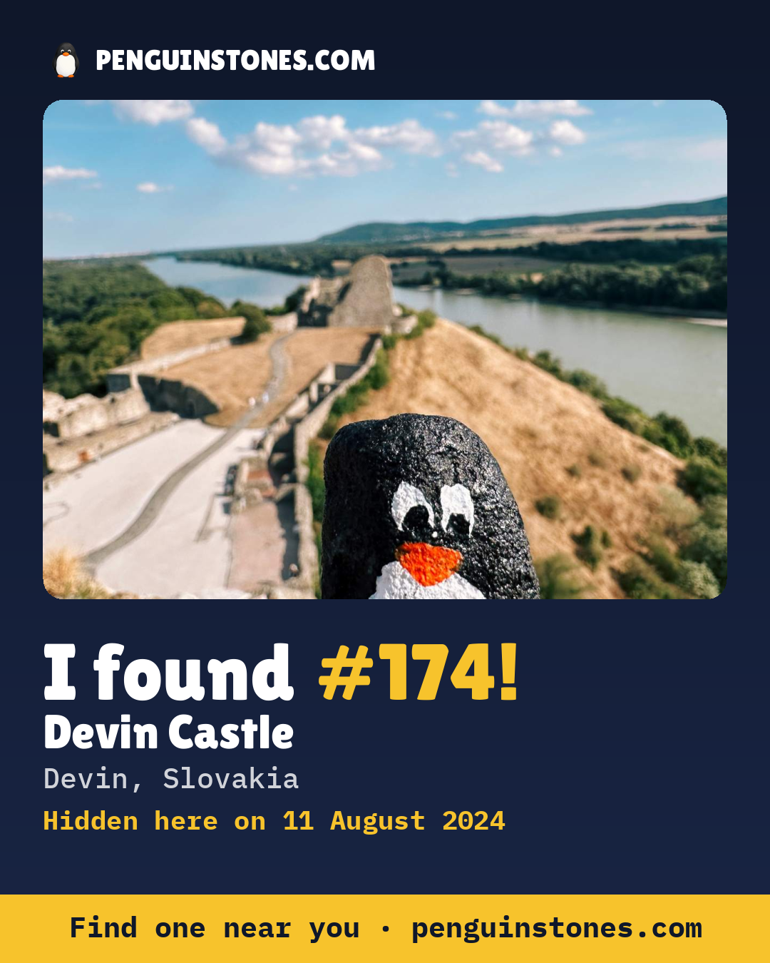 Obrázok s nápisom „I found #174“: fotka kameňa, kde je a ako ďaleko docestoval