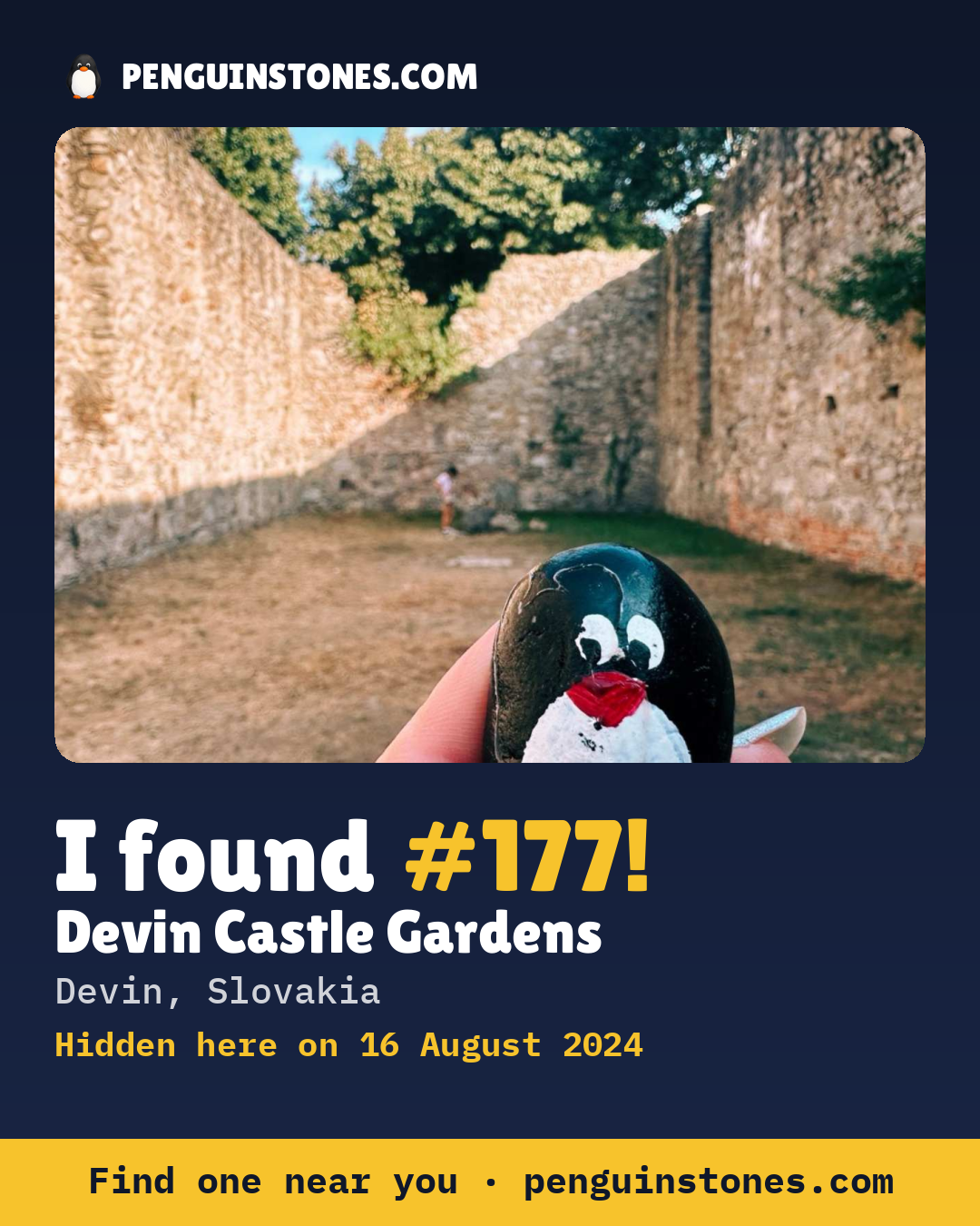 Obrázok s nápisom „I found #177“: fotka kameňa, kde je a ako ďaleko docestoval
