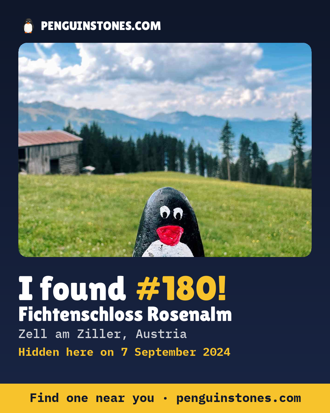 Obrázok s nápisom „I found #180“: fotka kameňa, kde je a ako ďaleko docestoval