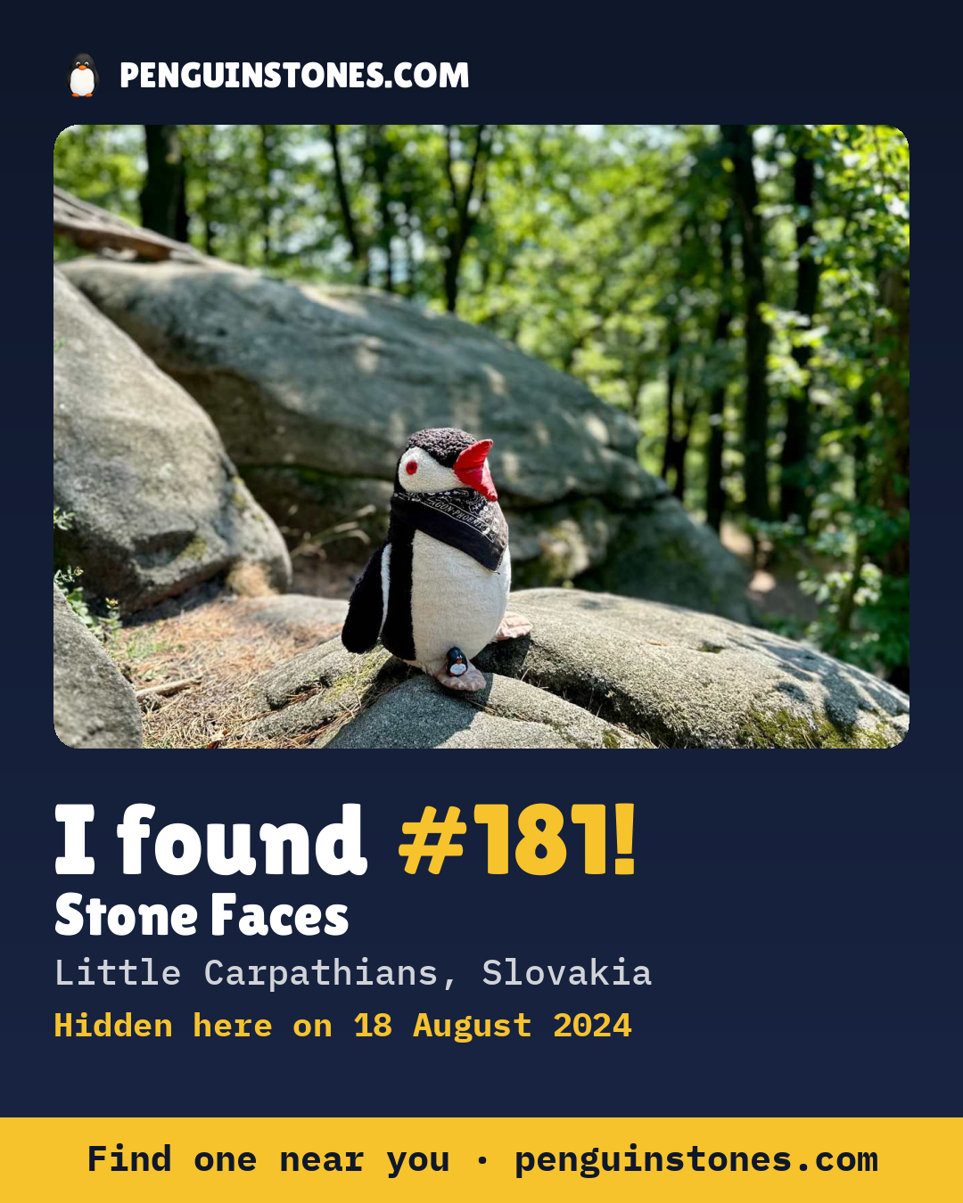 Obrázok s nápisom „I found #181“: fotka kameňa, kde je a ako ďaleko docestoval