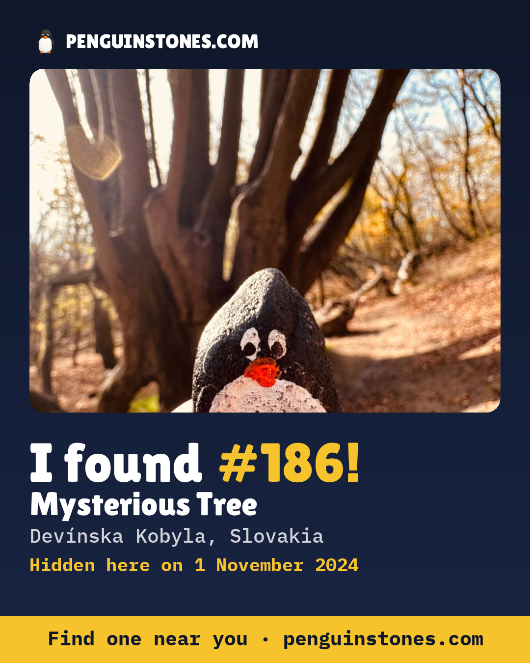 Obrázok s nápisom „I found #186“: fotka kameňa, kde je a ako ďaleko docestoval