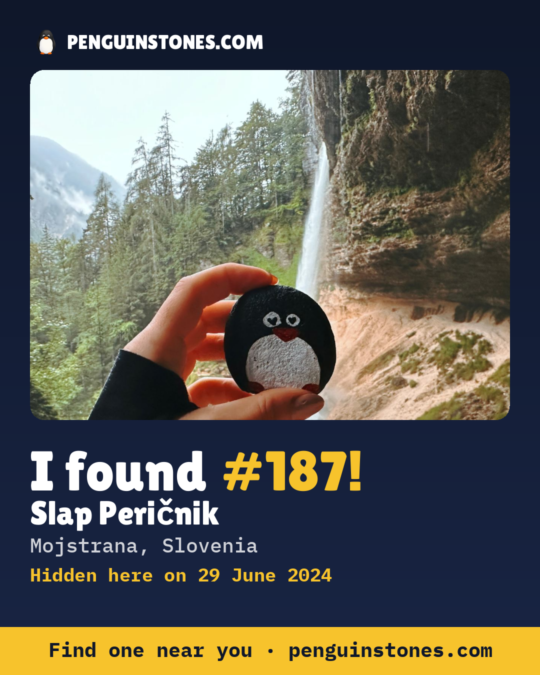 Obrázok s nápisom „I found #187“: fotka kameňa, kde je a ako ďaleko docestoval