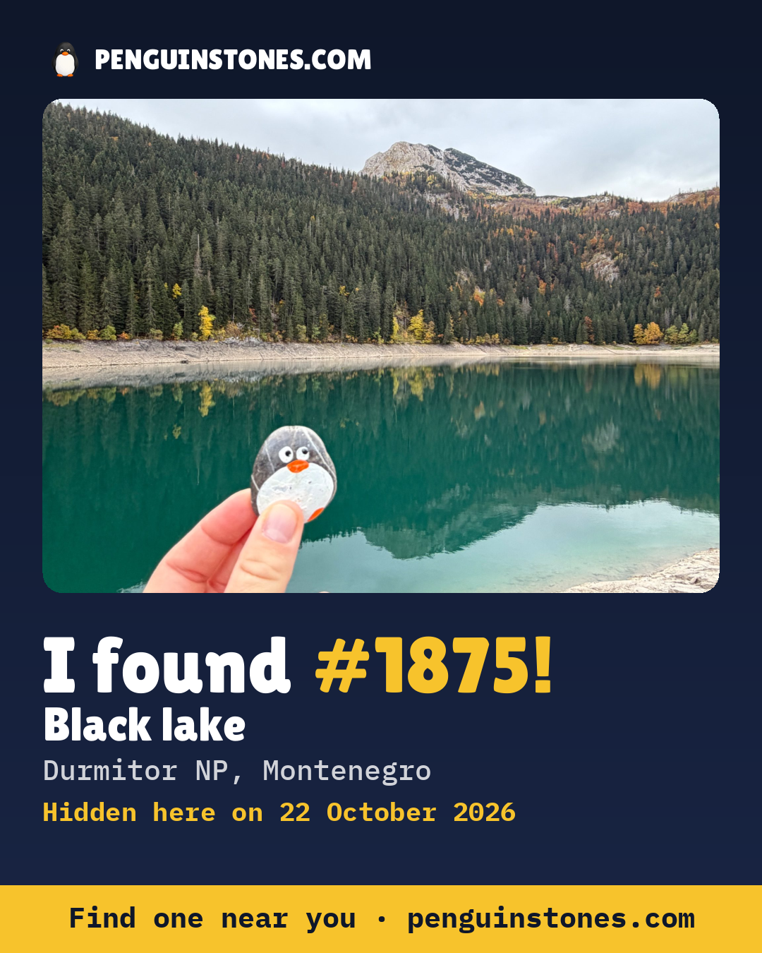 An “I found #1875” picture: the stone’s photo, where it is and how far it has traveled