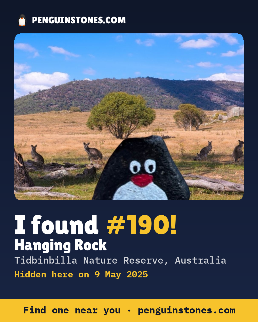 Obrázok s nápisom „I found #190“: fotka kameňa, kde je a ako ďaleko docestoval