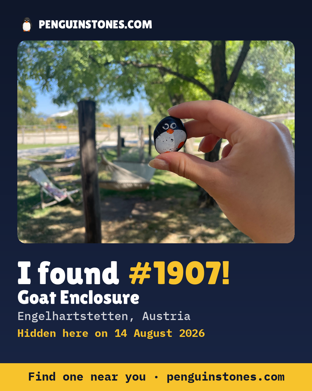 Obrázok s nápisom „I found #1907“: fotka kameňa, kde je a ako ďaleko docestoval