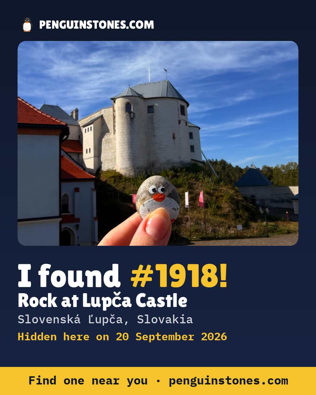 Obrázok s nápisom „I found #1918“: fotka kameňa, kde je a ako ďaleko docestoval