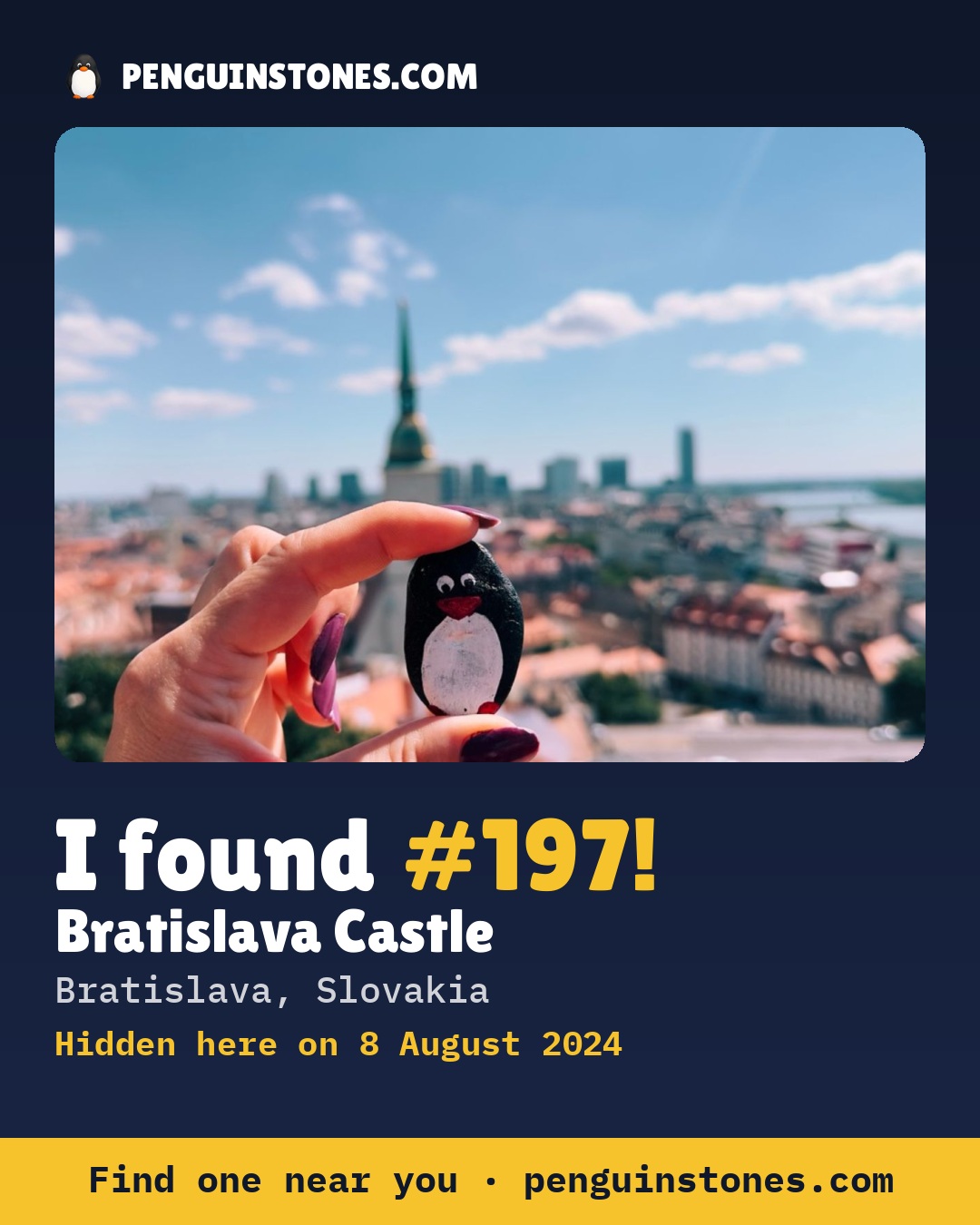 Obrázok s nápisom „I found #197“: fotka kameňa, kde je a ako ďaleko docestoval