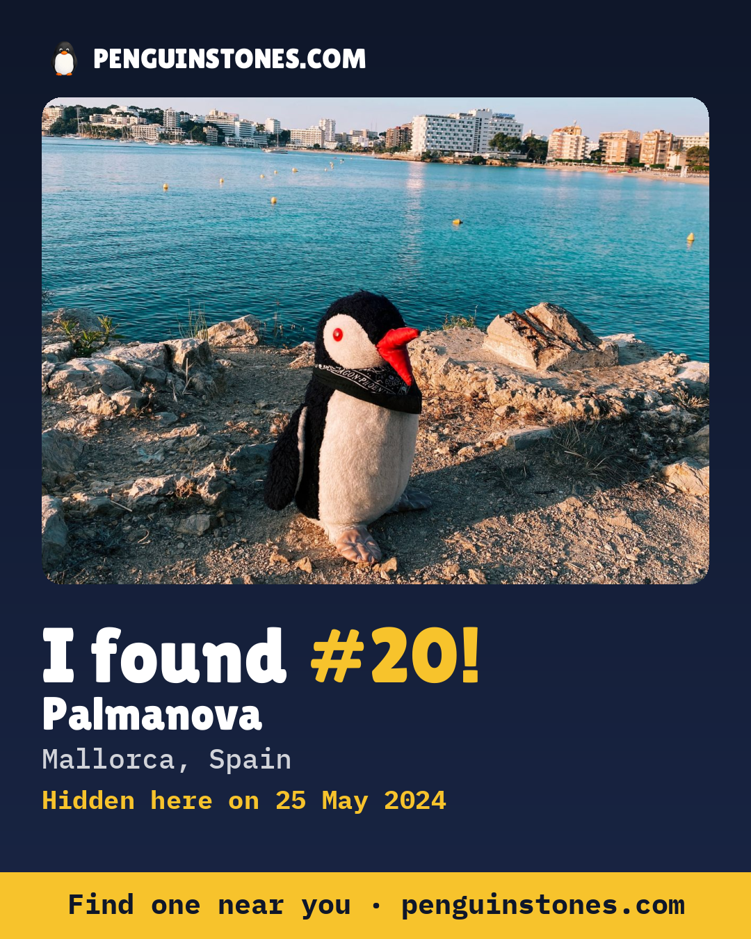 Obrázok s nápisom „I found #20“: fotka kameňa, kde je a ako ďaleko docestoval