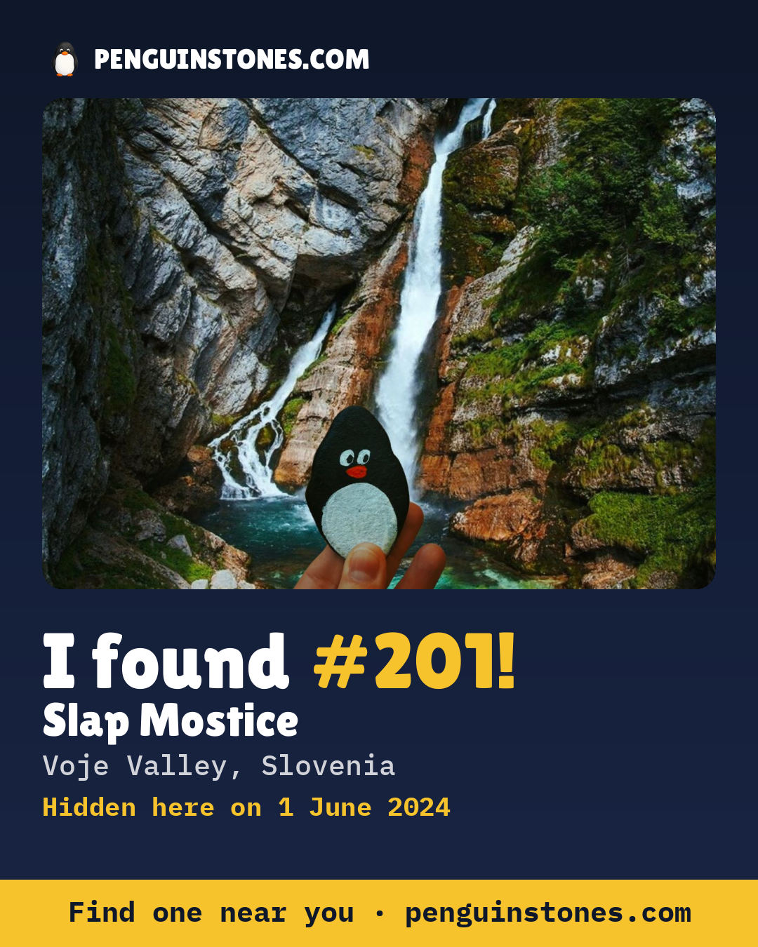 Obrázok s nápisom „I found #201“: fotka kameňa, kde je a ako ďaleko docestoval