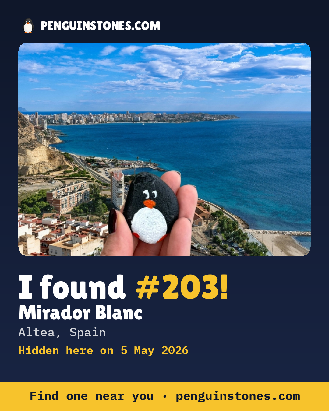 Obrázok s nápisom „I found #203“: fotka kameňa, kde je a ako ďaleko docestoval