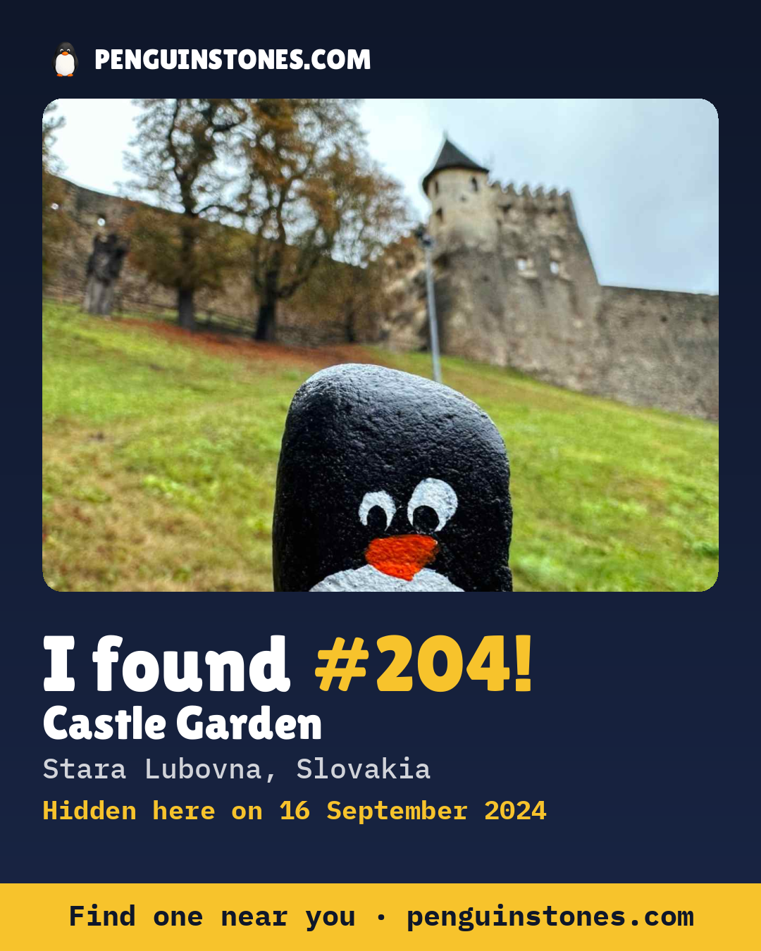 Obrázok s nápisom „I found #204“: fotka kameňa, kde je a ako ďaleko docestoval