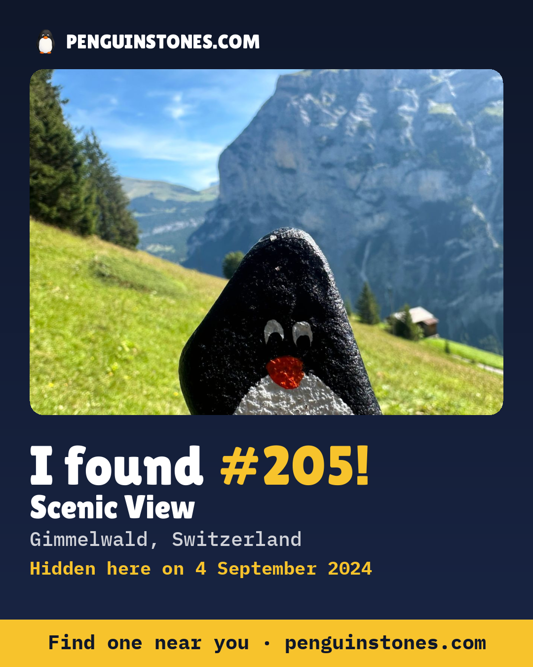 Obrázok s nápisom „I found #205“: fotka kameňa, kde je a ako ďaleko docestoval