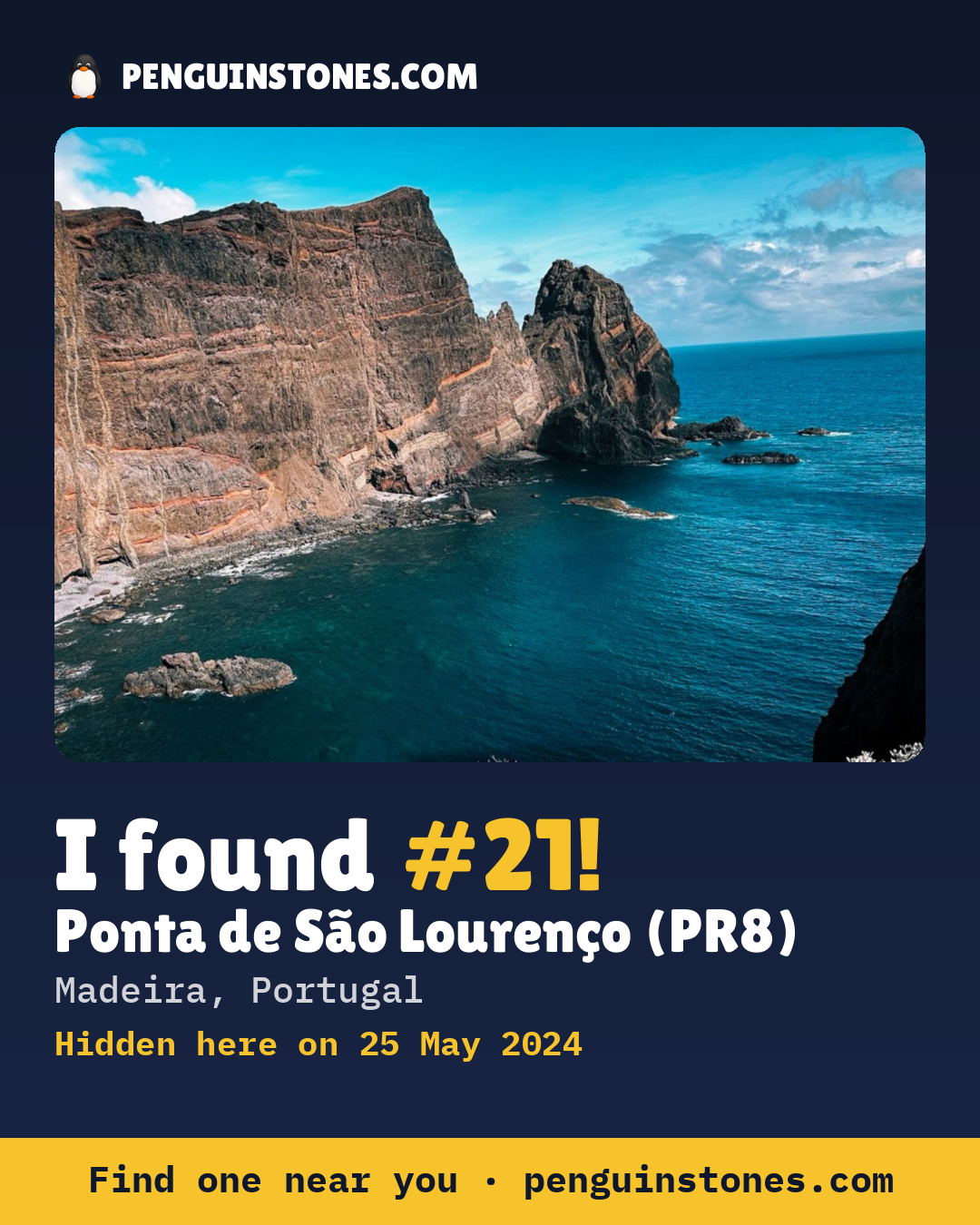 Obrázok s nápisom „I found #21“: fotka kameňa, kde je a ako ďaleko docestoval
