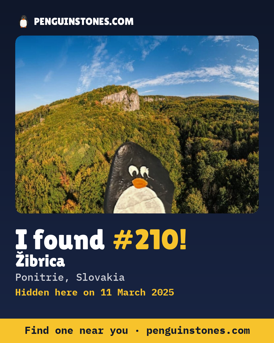 Obrázok s nápisom „I found #210“: fotka kameňa, kde je a ako ďaleko docestoval