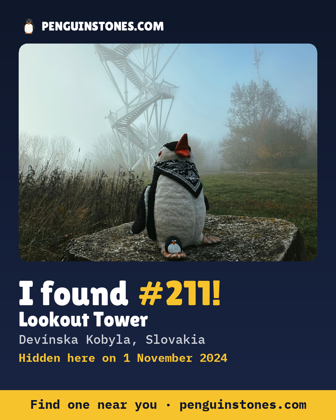 Obrázok s nápisom „I found #211“: fotka kameňa, kde je a ako ďaleko docestoval