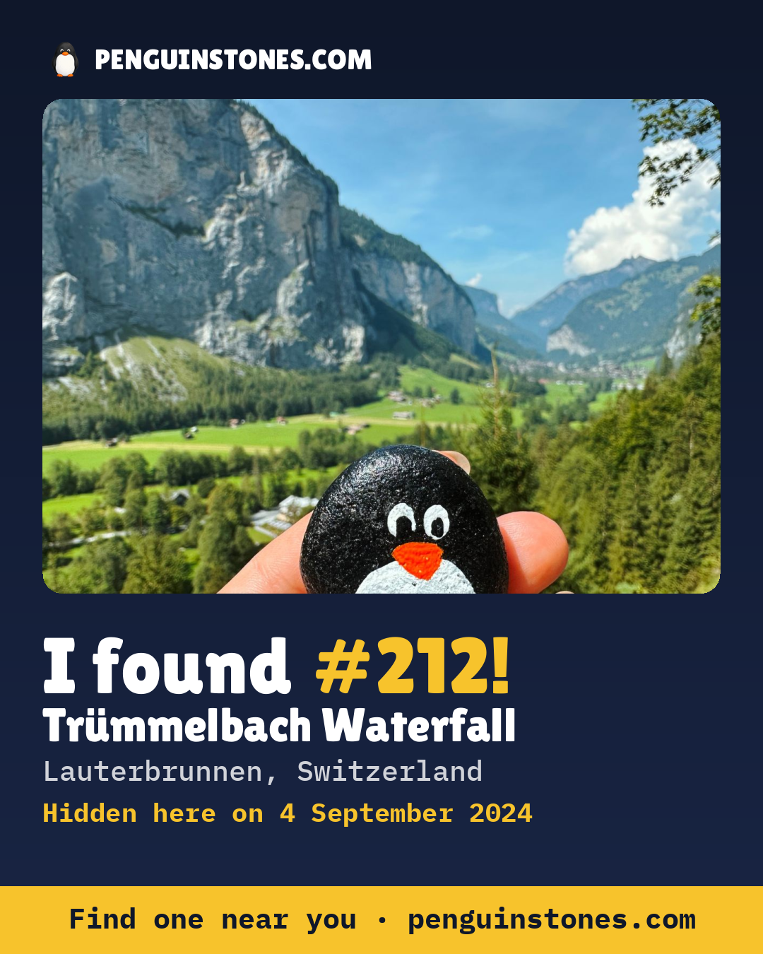 Obrázok s nápisom „I found #212“: fotka kameňa, kde je a ako ďaleko docestoval