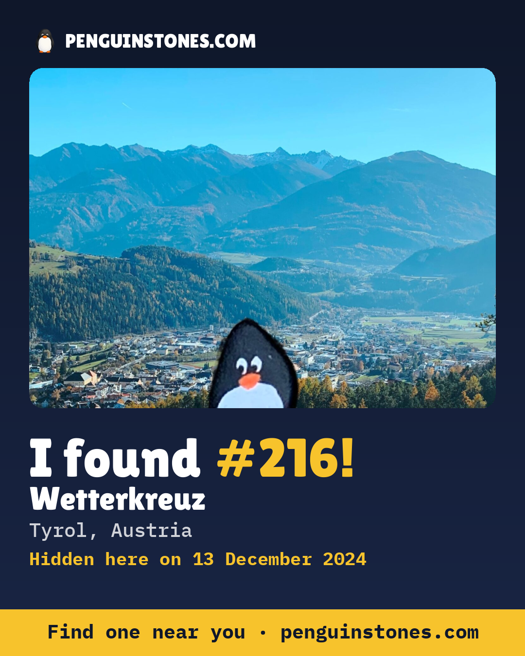 Obrázok s nápisom „I found #216“: fotka kameňa, kde je a ako ďaleko docestoval