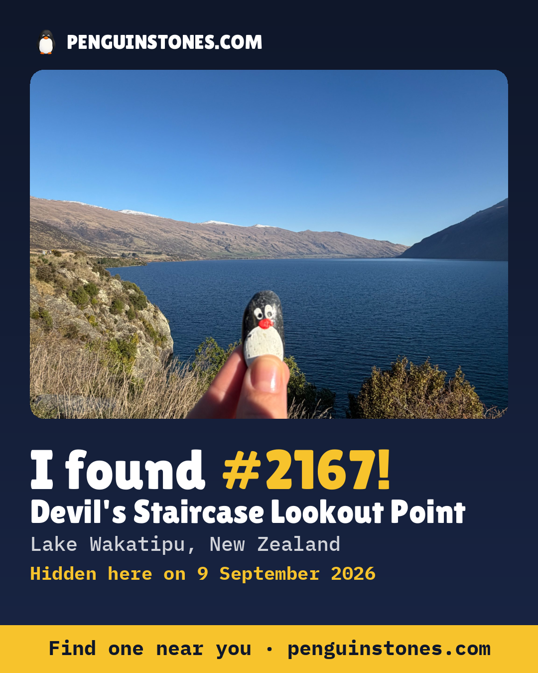 Obrázok s nápisom „I found #2167“: fotka kameňa, kde je a ako ďaleko docestoval