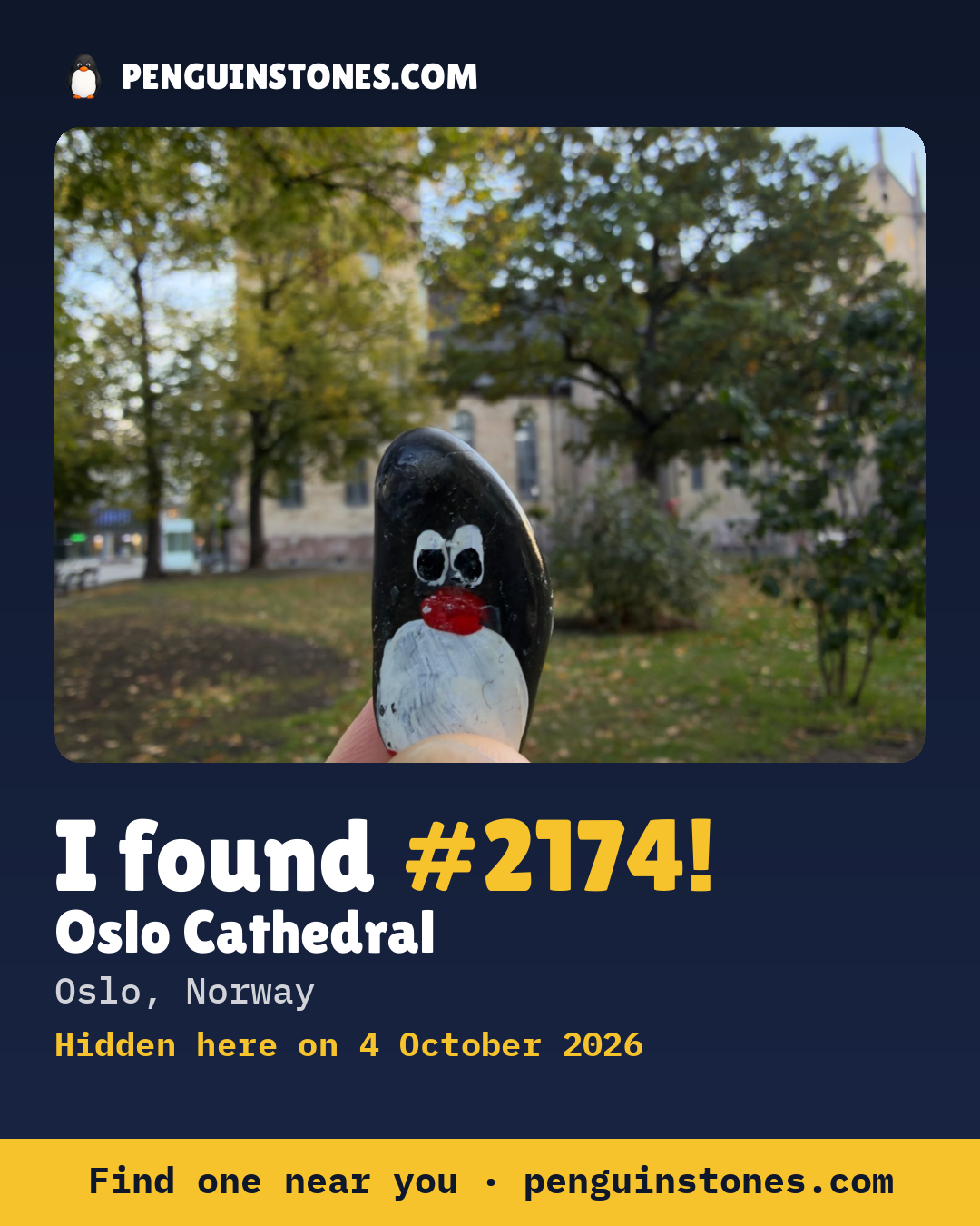 An “I found #2174” picture: the stone’s photo, where it is and how far it has travelled