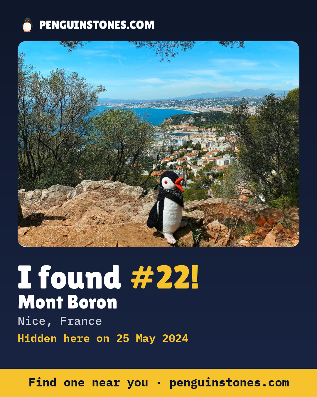 Obrázok s nápisom „I found #22“: fotka kameňa, kde je a ako ďaleko docestoval