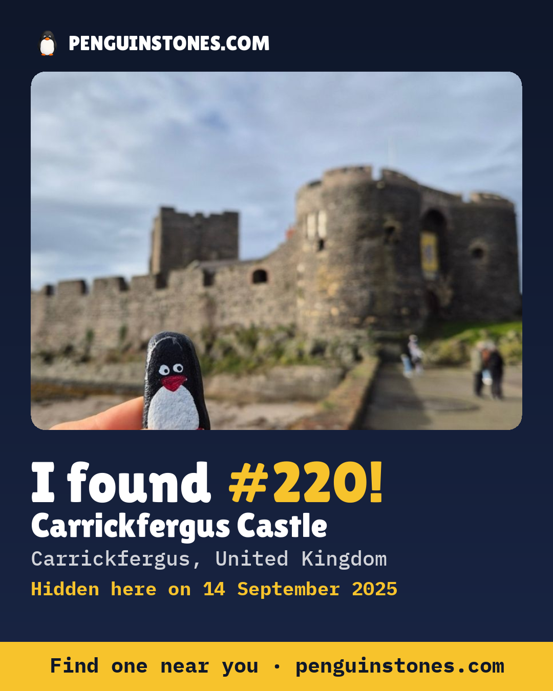 Obrázok s nápisom „I found #220“: fotka kameňa, kde je a ako ďaleko docestoval