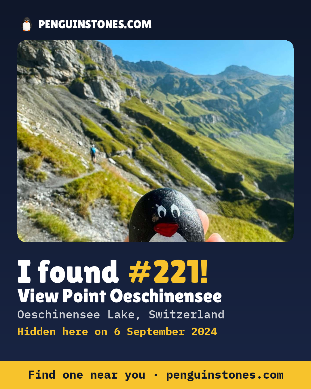 Obrázok s nápisom „I found #221“: fotka kameňa, kde je a ako ďaleko docestoval