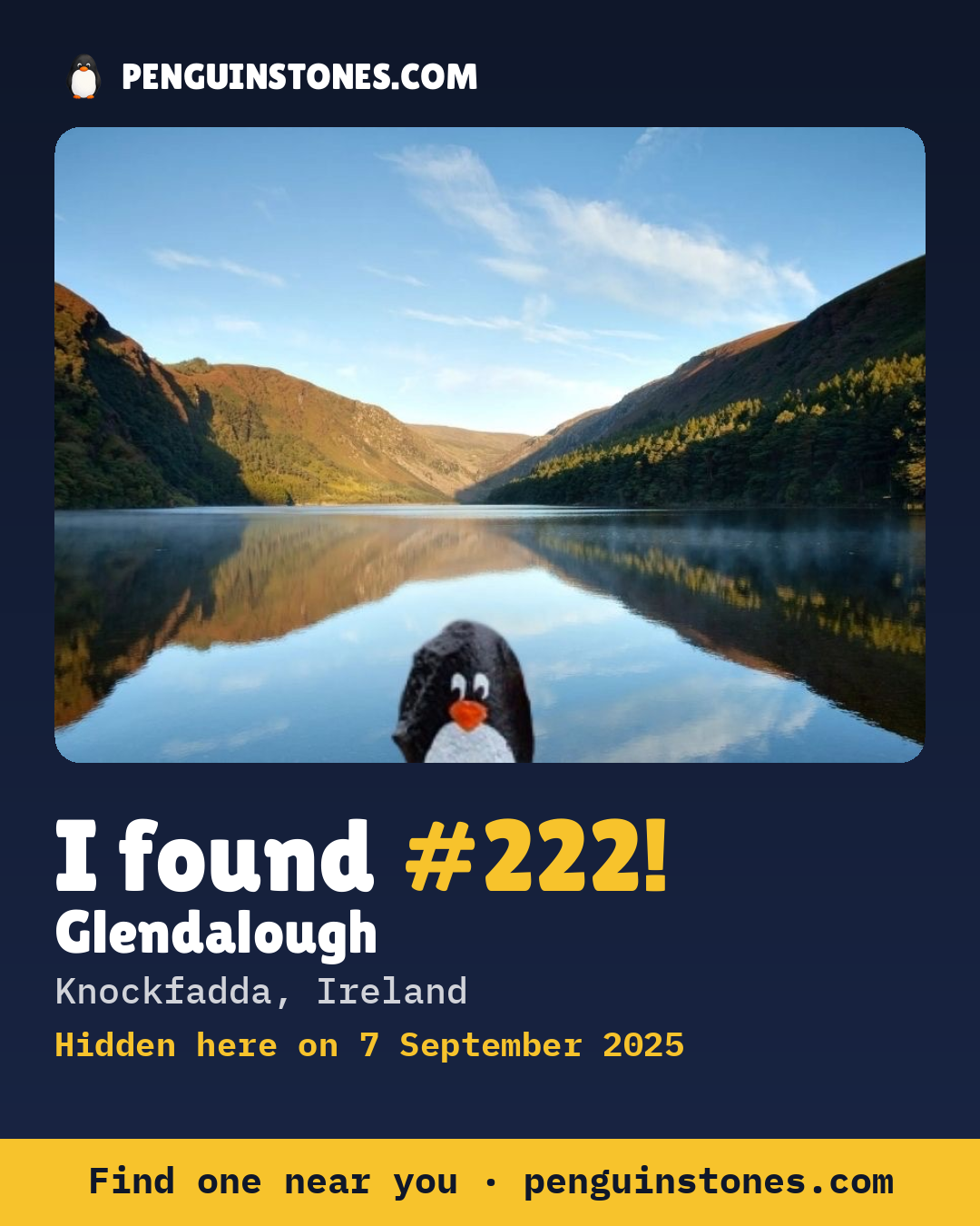 Obrázok s nápisom „I found #222“: fotka kameňa, kde je a ako ďaleko docestoval