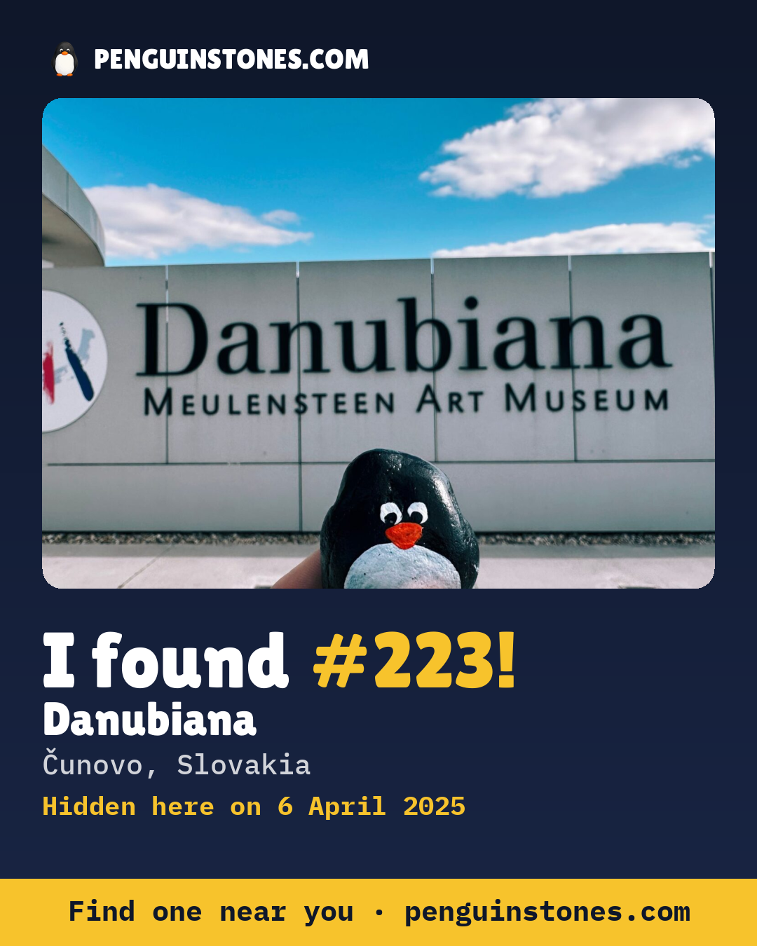 Obrázok s nápisom „I found #223“: fotka kameňa, kde je a ako ďaleko docestoval