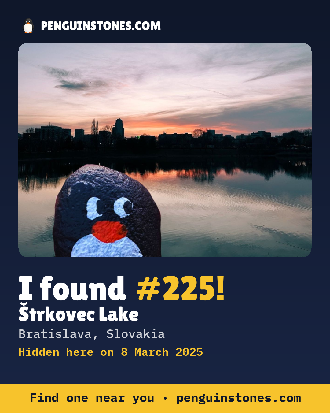 Obrázok s nápisom „I found #225“: fotka kameňa, kde je a ako ďaleko docestoval