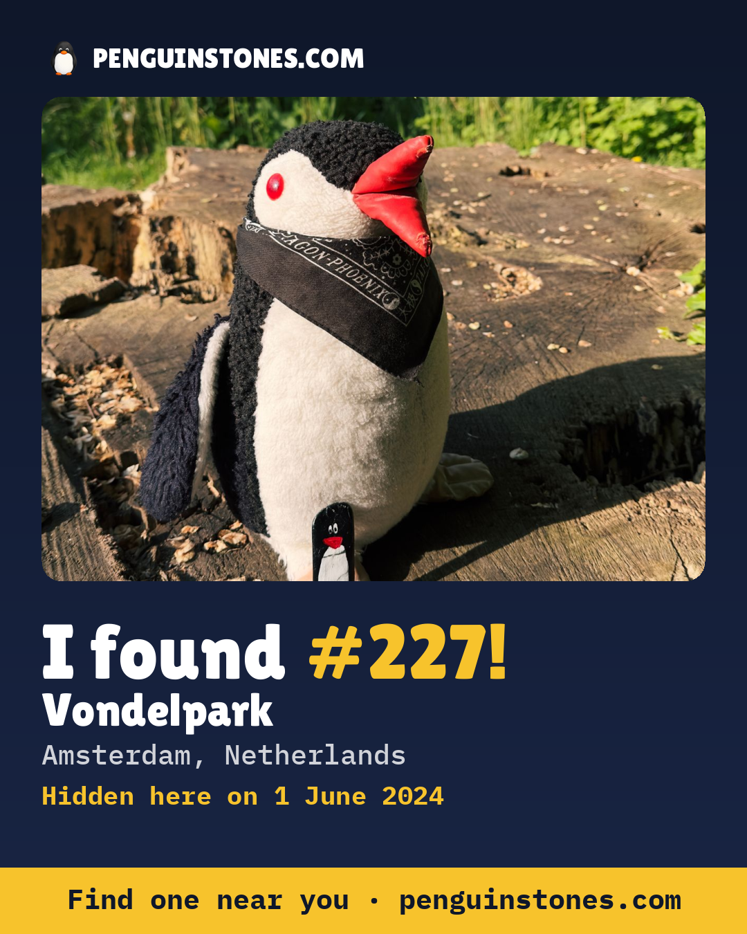 Obrázok s nápisom „I found #227“: fotka kameňa, kde je a ako ďaleko docestoval