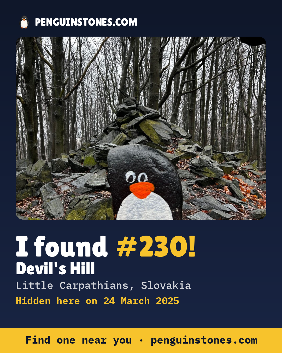 Obrázok s nápisom „I found #230“: fotka kameňa, kde je a ako ďaleko docestoval