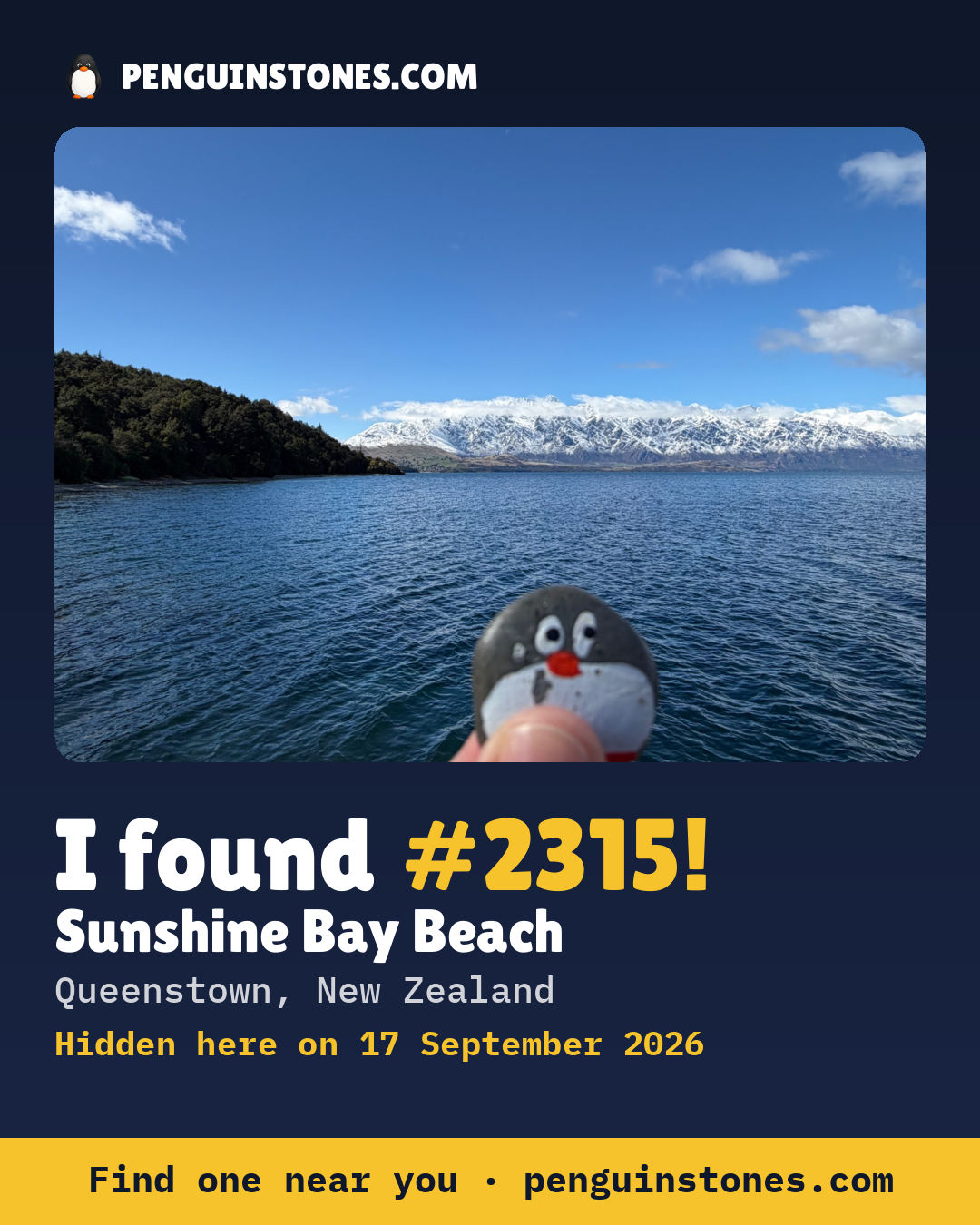 Obrázok s nápisom „I found #2315“: fotka kameňa, kde je a ako ďaleko docestoval