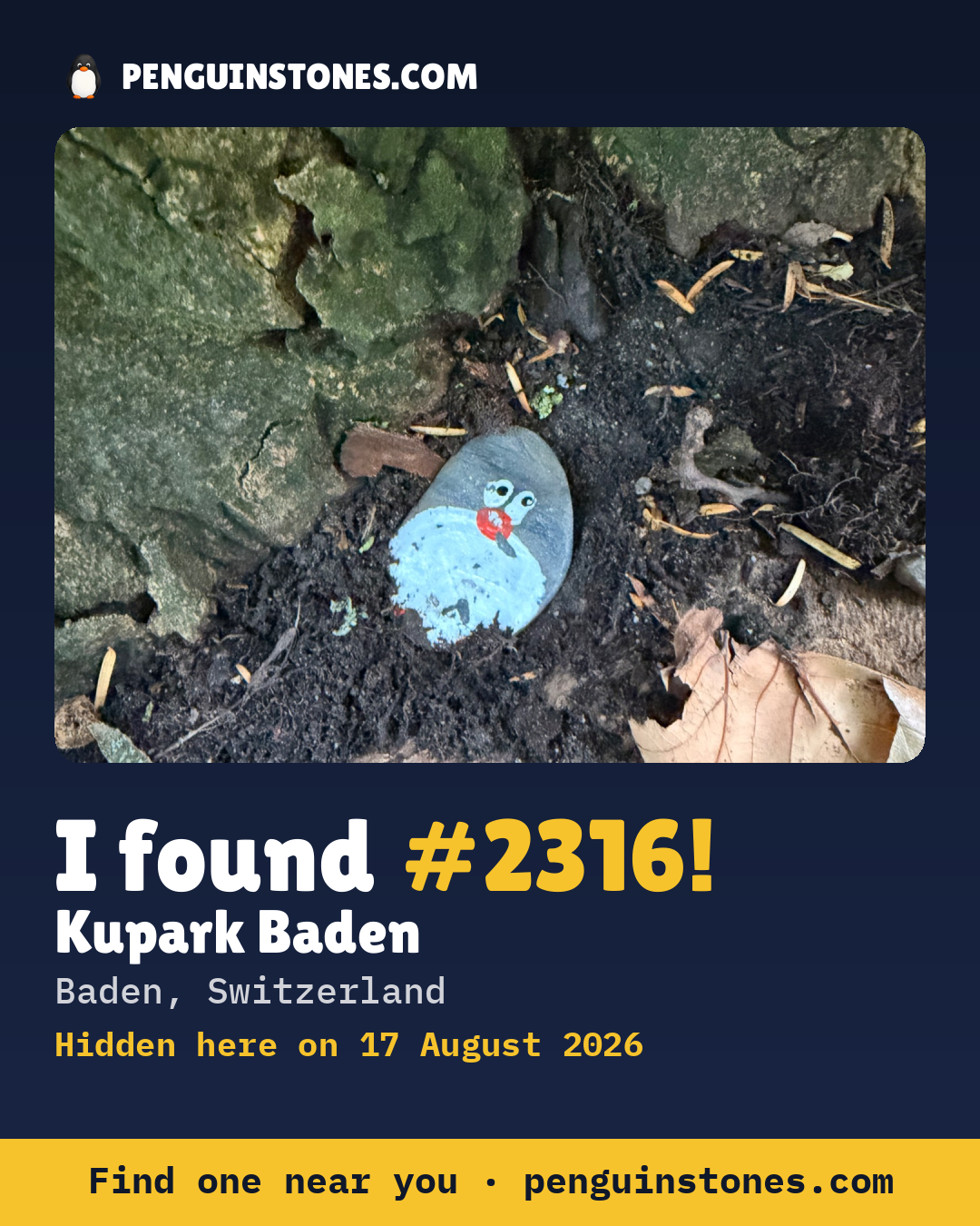 Obrázok s nápisom „I found #2316“: fotka kameňa, kde je a ako ďaleko docestoval