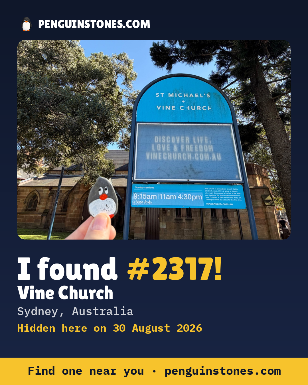 Obrázok s nápisom „I found #2317“: fotka kameňa, kde je a ako ďaleko docestoval